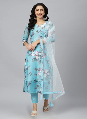 Rayon Salwar Suit in Aqua Blue Enhanced with Print