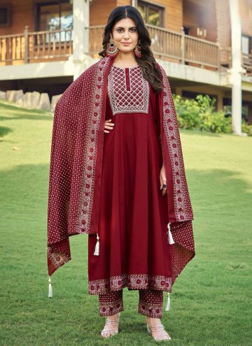 Rayon Salwar Suit in Maroon Enhanced with Embroidered