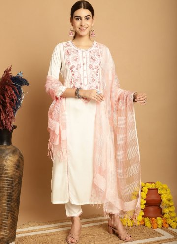 Rayon Salwar Suit in Off White Enhanced with Embroidered