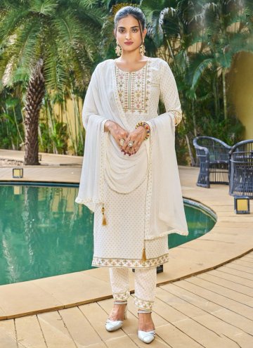 Rayon Salwar Suit in White Enhanced with Embroider