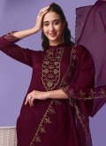 Rayon Salwar Suit in Wine Enhanced with Embroidered - 1
