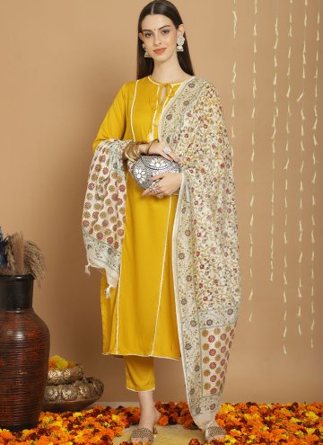 Rayon Salwar Suit in Yellow Enhanced with Plain Work