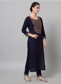 Rayon Straight Salwar Suit in Navy Blue Enhanced with Embroidered - 3