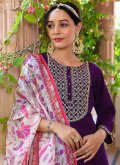 Rayon Trendy Salwar Kameez in Wine Enhanced with Embroidered - 1