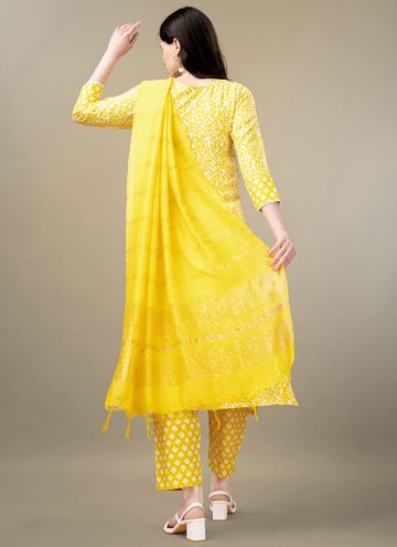 Rayon Trendy Salwar Kameez in Yellow Enhanced with Embroidered