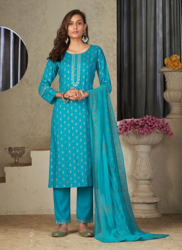 Rayon Trendy Salwar Suit in Aqua Blue Enhanced with Embroidered