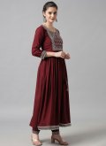 Rayon Trendy Salwar Suit in Maroon Enhanced with Embroidered - 3