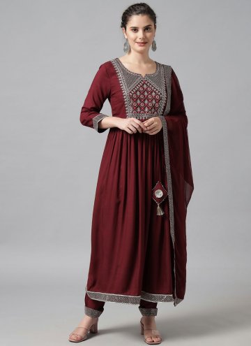 Rayon Trendy Salwar Suit in Maroon Enhanced with Embroidered