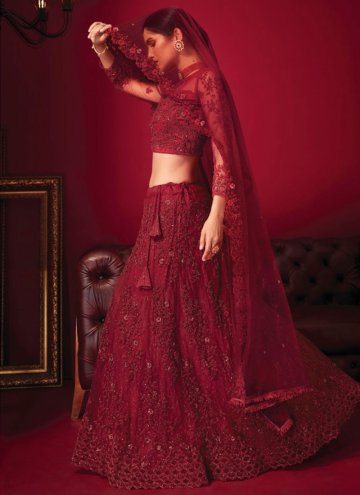Red A Line Lehenga Choli in Net with Embroidered