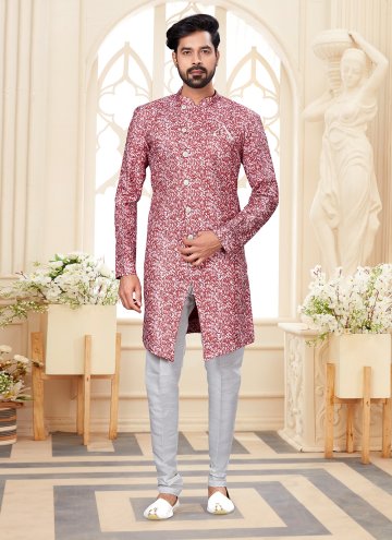 Red and White color Jacquard Indo Western with Digital Print