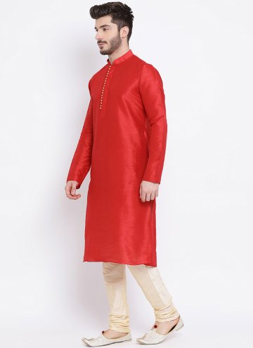 Red Art Dupion Silk Plain Work Kurta Pyjama for Engagement