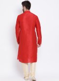 Red Art Dupion Silk Plain Work Kurta Pyjama for Engagement - 2