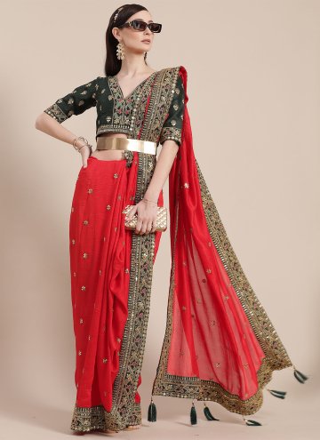 Red Art Silk Embroidered Designer Traditional Saree for Festival