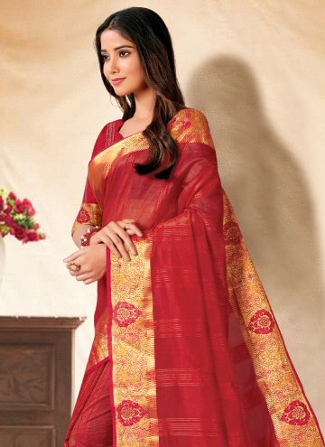 Red Banarasi Embroidered Trendy Saree for Festival