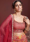 Red Chinon Embroidered A Line Lehenga Choli for Engagement - 1