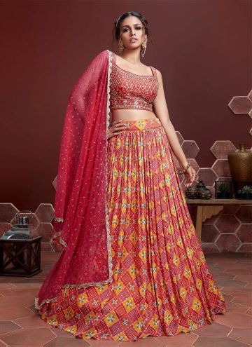 Red Chinon Embroidered A Line Lehenga Choli for En