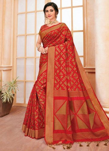 Red Classic Designer Saree in Cotton Silk with Woven