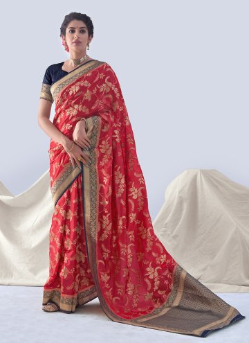 Red Classic Designer Saree in Organza with Woven