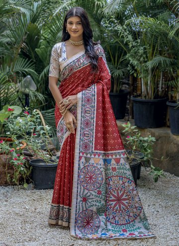 Red Classic Designer Saree in Tussar Silk with Wov