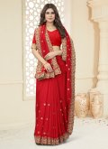 Red Classic Designer Saree in Vichitra Silk with Border - 2