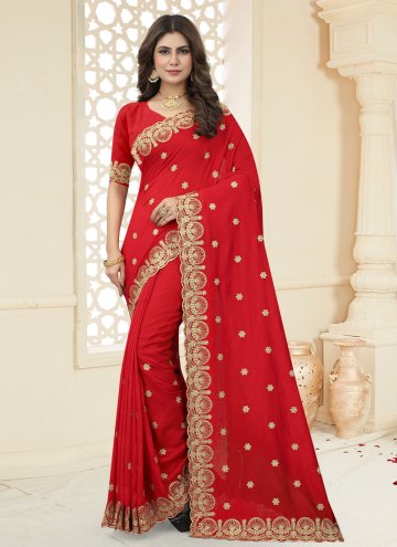 Red Classic Designer Saree in Vichitra Silk with B
