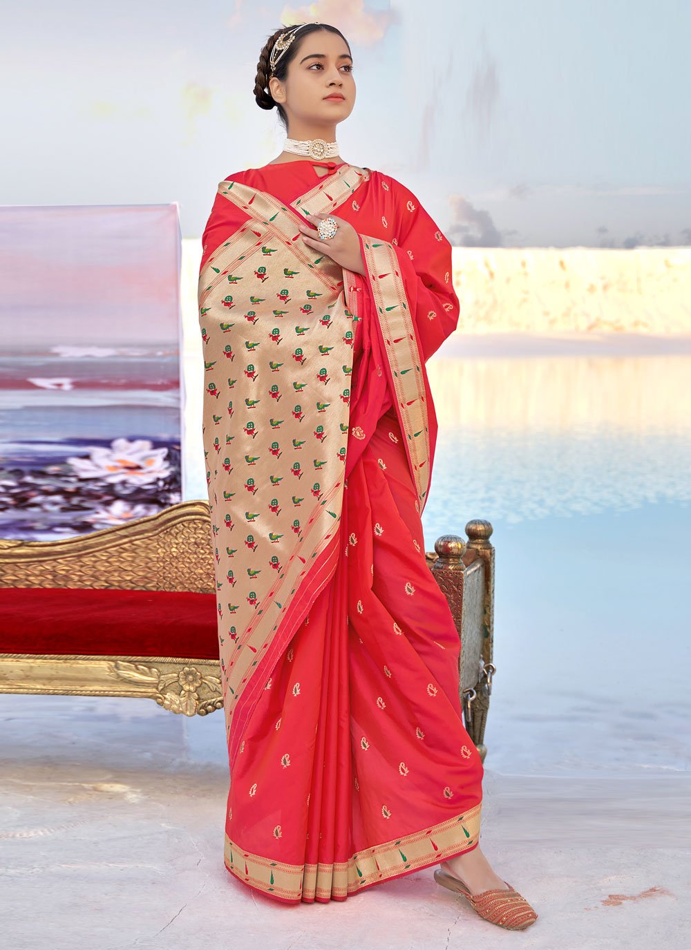 Red color Banarasi Designer Traditional Saree with Woven