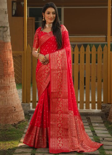 Red color Bandhej Print Silk Bandhani Saree