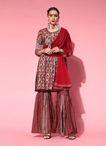 Red color Blended Cotton Trendy Salwar Suit with P