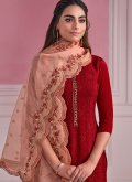 Red color Chiffon Pant Style Suit with Chikankari Work - 1