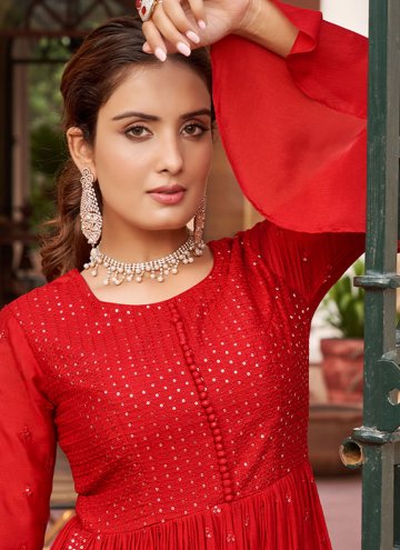 Red color Chinon Salwar Suit with Embroidered