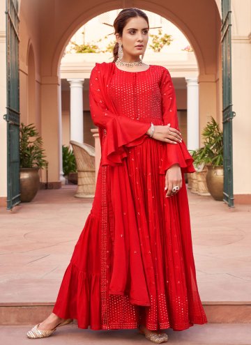 Red color Chinon Salwar Suit with Embroidered