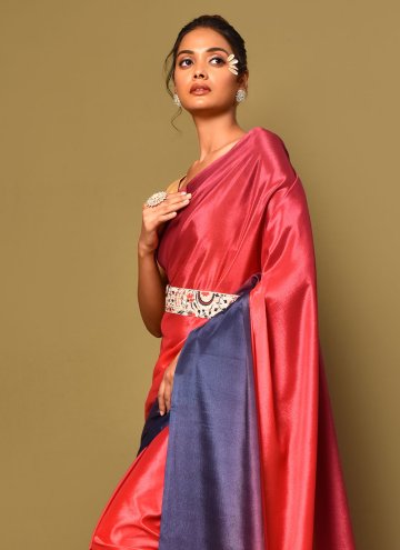 Red color Chinon Traditional Saree with Plain Work