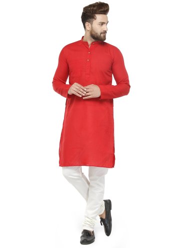 Red color Cotton  Kurta Pyjama with Plain Work