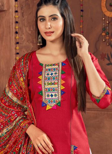 Red color Cotton  Pant Style Suit with Embroidered