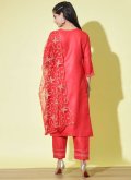 Red color Cotton  Pant Style Suit with Embroidered - 1