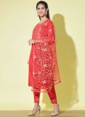 Red color Cotton  Pant Style Suit with Embroidered - 2