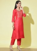 Red color Cotton  Pant Style Suit with Embroidered - 3