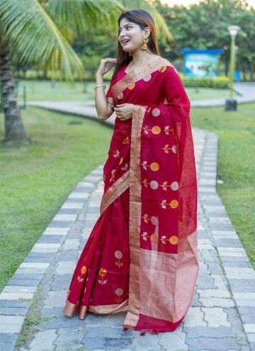 Red color Cotton Silk Contemporary Saree with Woven