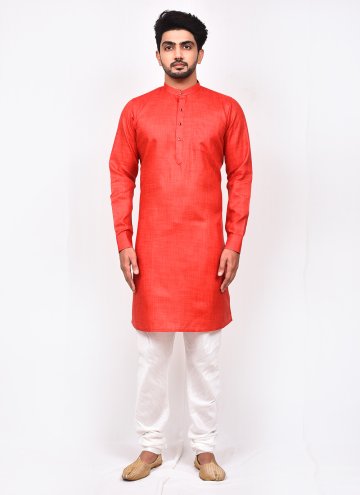 Red color Cotton Silk Kurta Pyjama with Plain Work