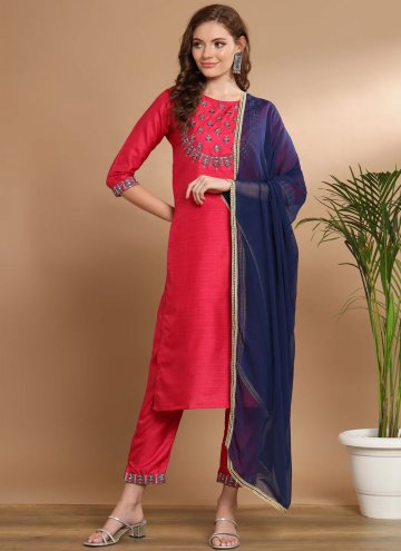 Red color Cotton Silk Salwar Suit with Embroidered