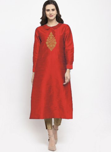 Red color Embroidered Art Dupion Silk Casual Kurti