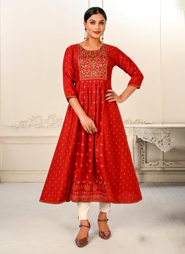 Red color Embroidered Cotton  Casual Kurti