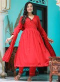 Red color Embroidered Cotton  Readymade Anarkali Salwar Suit - 1