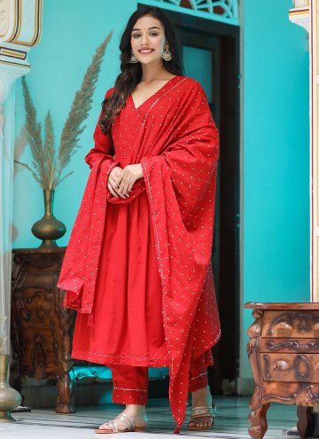 Red color Embroidered Cotton  Readymade Anarkali Salwar Suit