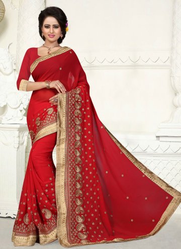 Red color Embroidered Georgette Casual Saree