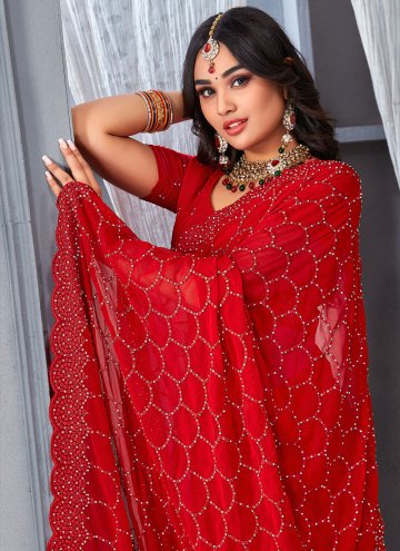 Red color Embroidered Georgette Contemporary Saree
