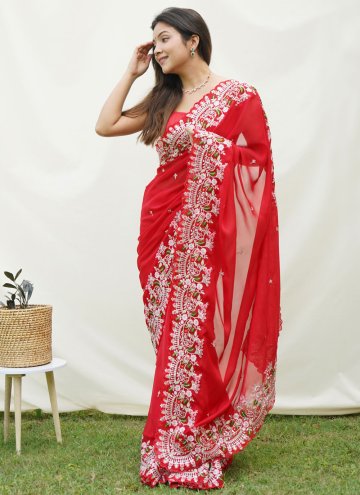 Red color Embroidered Georgette Satin Contemporary Saree