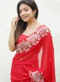 Red color Embroidered Georgette Satin Contemporary Saree - 2