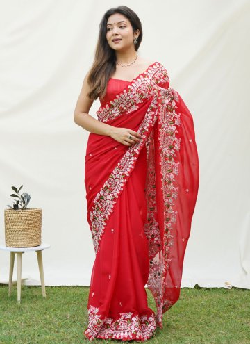 Red color Embroidered Georgette Satin Contemporary Saree