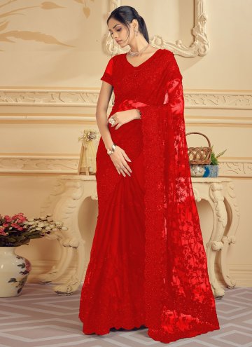 Red color Embroidered Net Trendy Saree